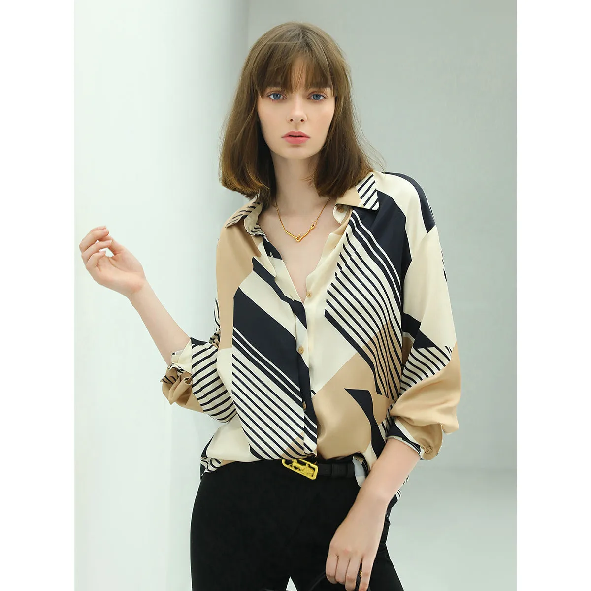 Abstract Geometric Print Silk Khaki Shirt