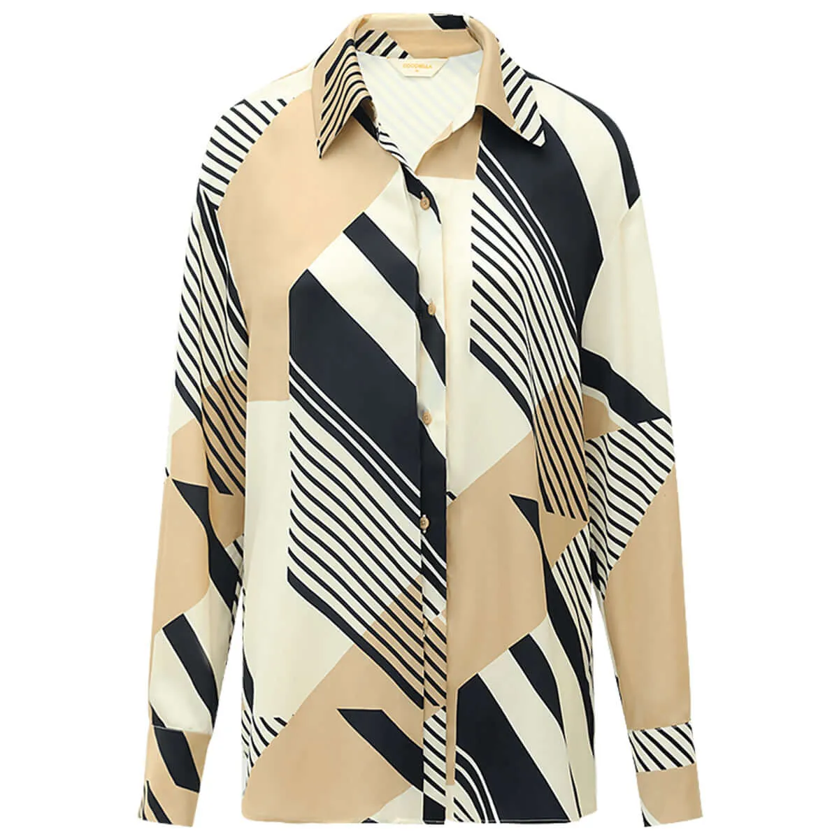 Abstract Geometric Print Silk Khaki Shirt