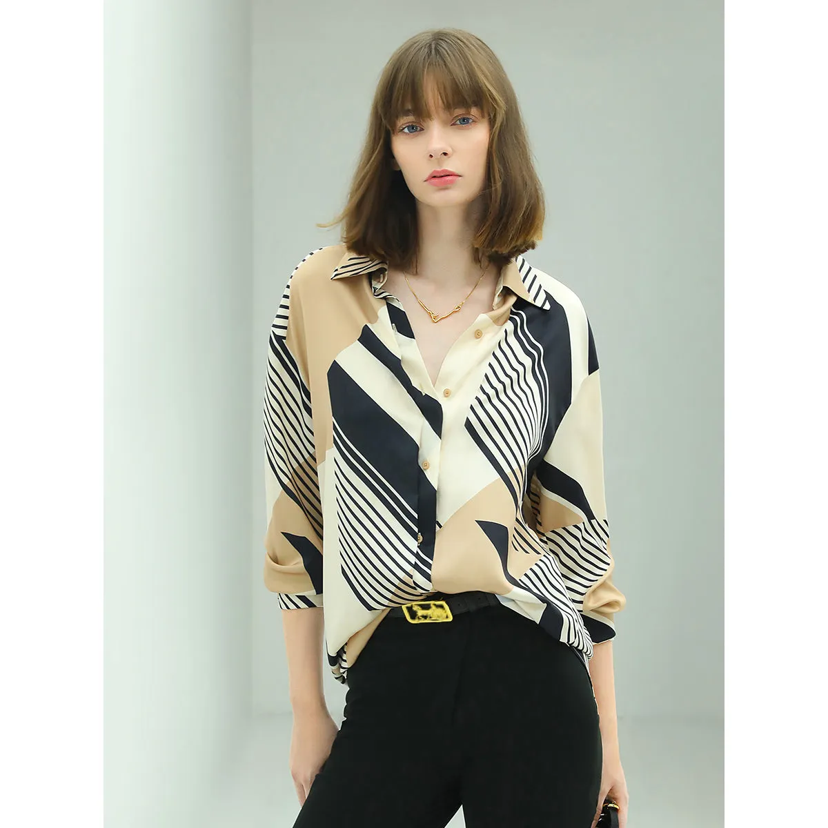 Abstract Geometric Print Silk Khaki Shirt