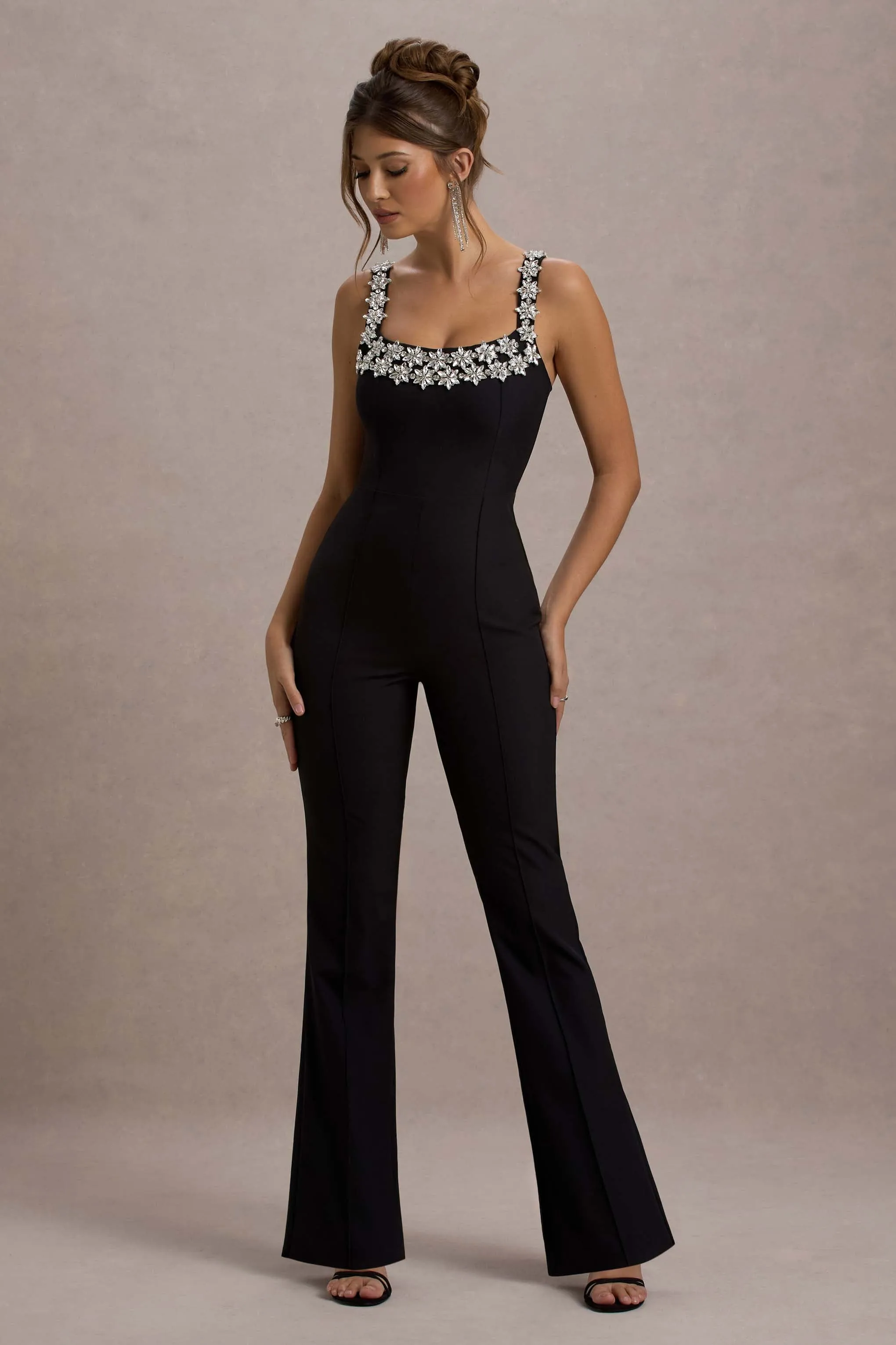 Amadi | Black Embellished Strappy Flared-Leg Jumpsuit