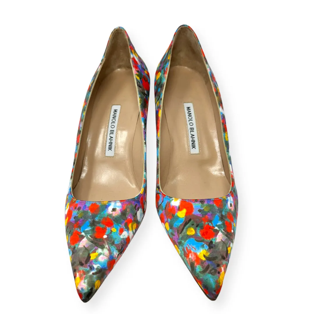 BB Floral Satin 70 mm Pumps Luxury Designer By Manolo Blahnik  Size: 9.5 (IT 39.5)