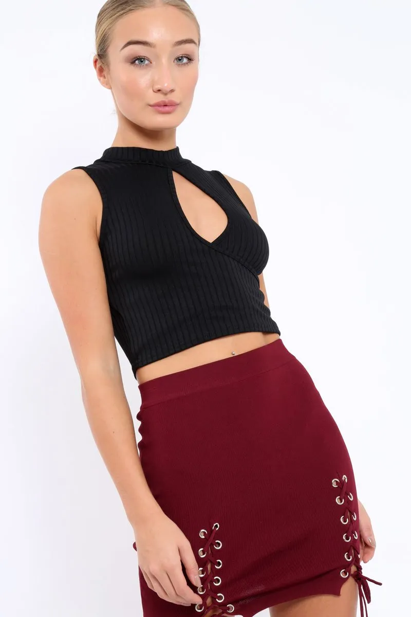 Black Ribbed High Neck Crop Top - Kamira