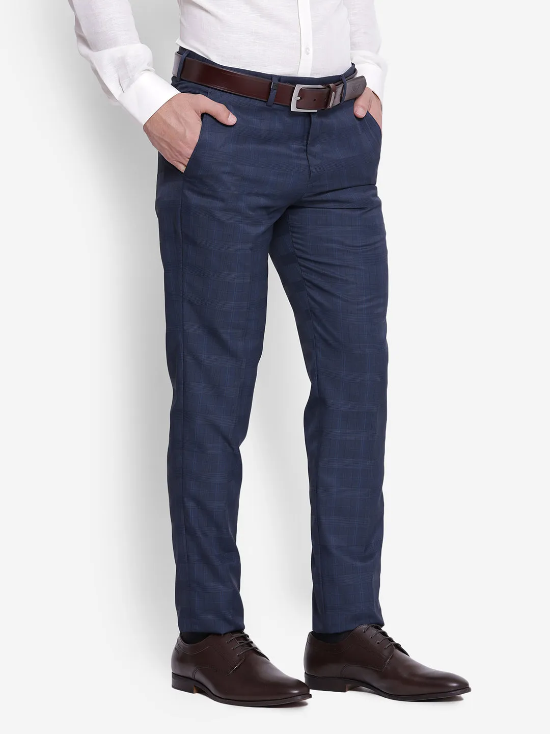 Checked Navy Blue Slim Fit Formal Trouser