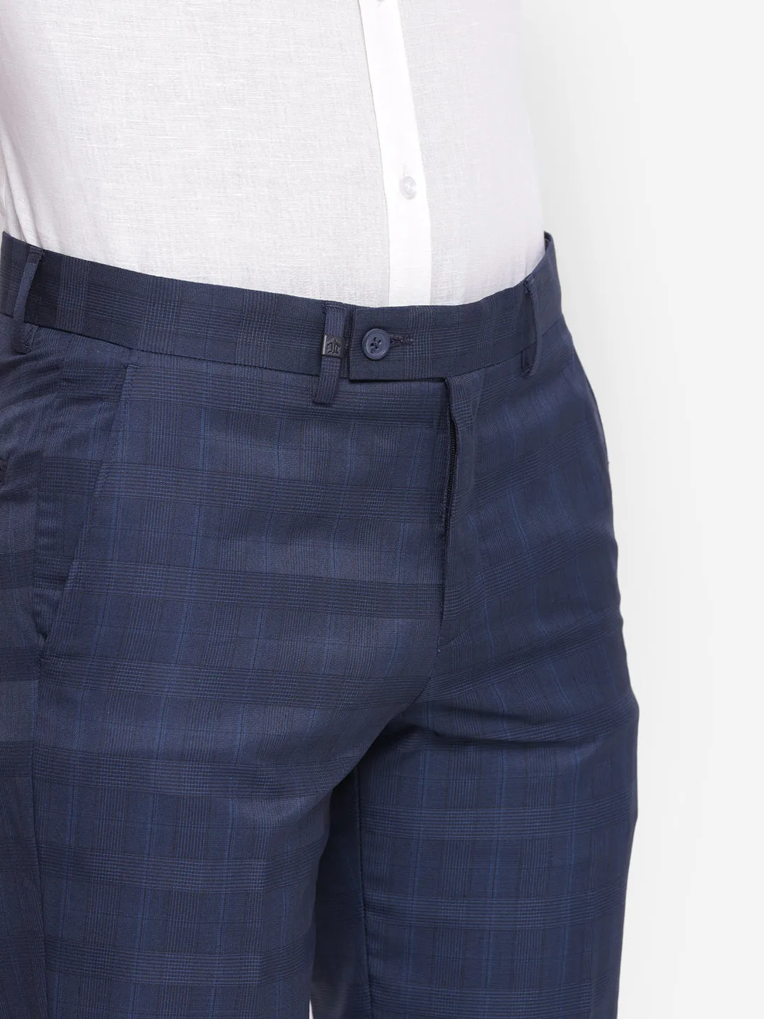 Checked Navy Blue Slim Fit Formal Trouser