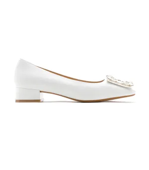 Diamante Buckle Leather Heels White