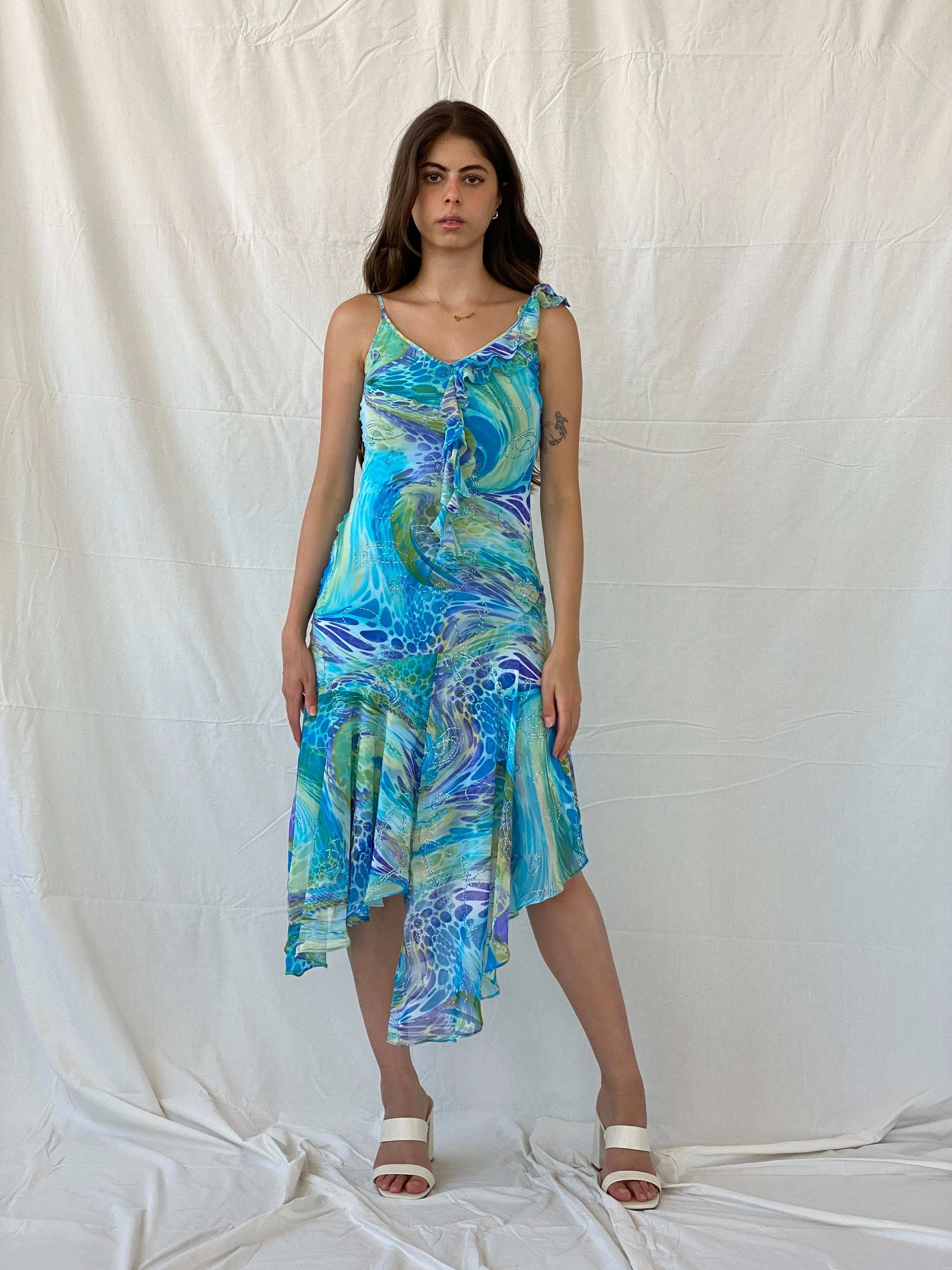 Dreamy 90s Gardo Collection Blue Asymmetric Hem Midi Dress - Size S - Vintage-Inspired Elegance