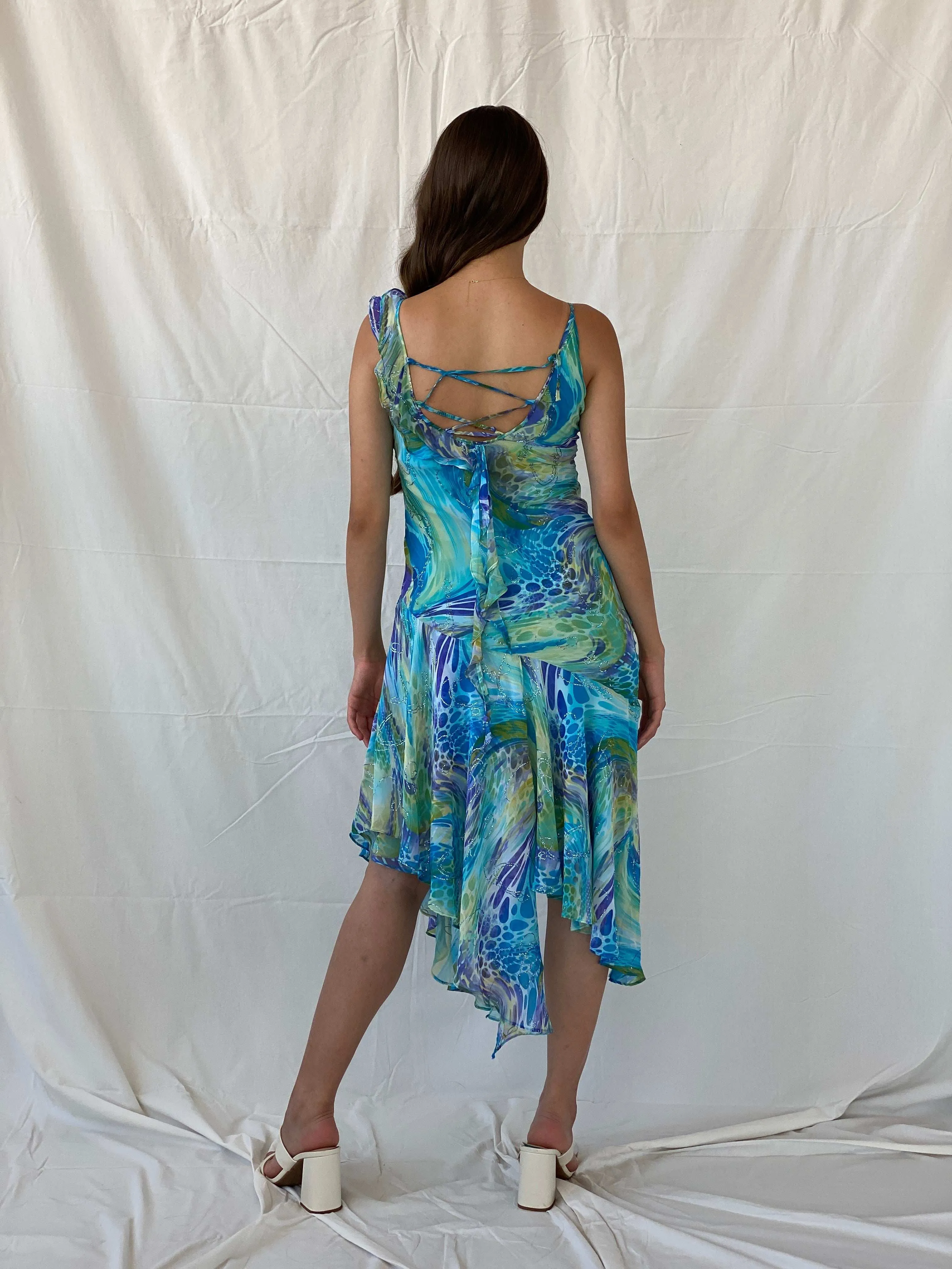 Dreamy 90s Gardo Collection Blue Asymmetric Hem Midi Dress - Size S - Vintage-Inspired Elegance