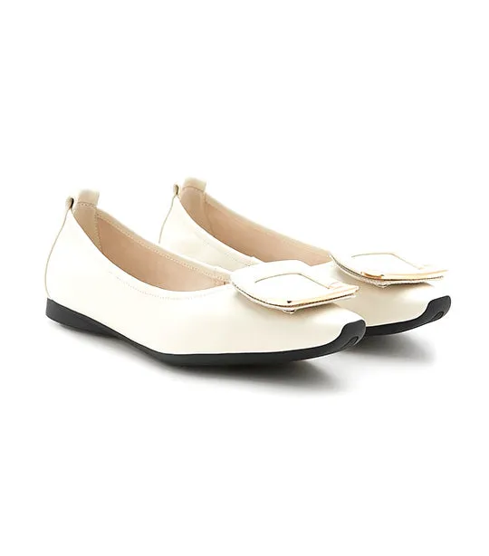 Faye Buckle Square-Toe Flats Beige