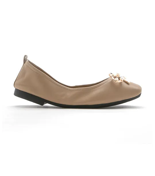 Hailey Foldable Square-Toe Bow Flats Khaki