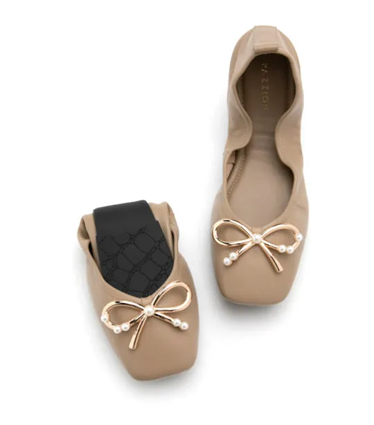 Hailey Foldable Square-Toe Bow Flats Khaki