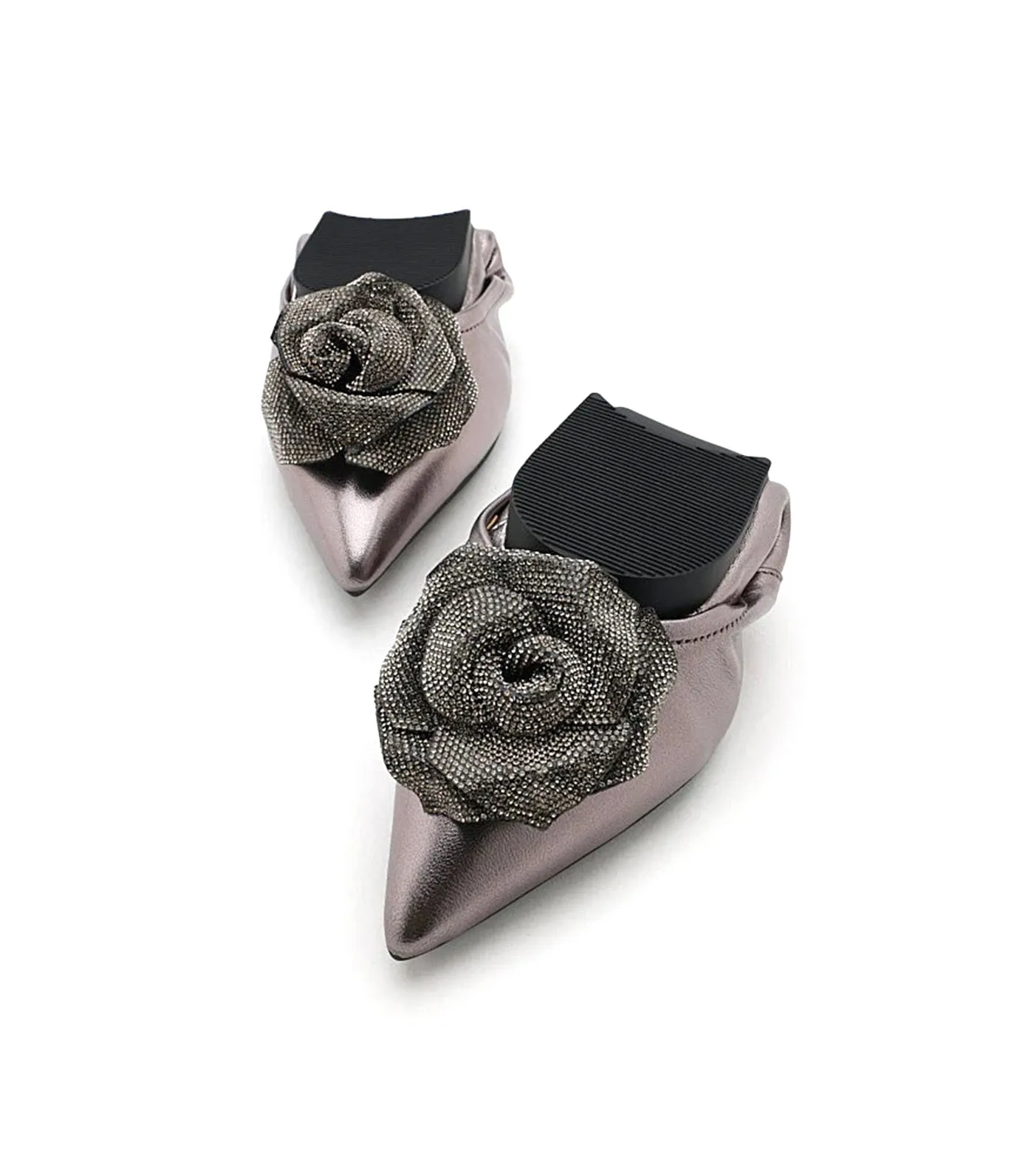 Marianna Crystal Embellished Rose Foldable Flats Pewter