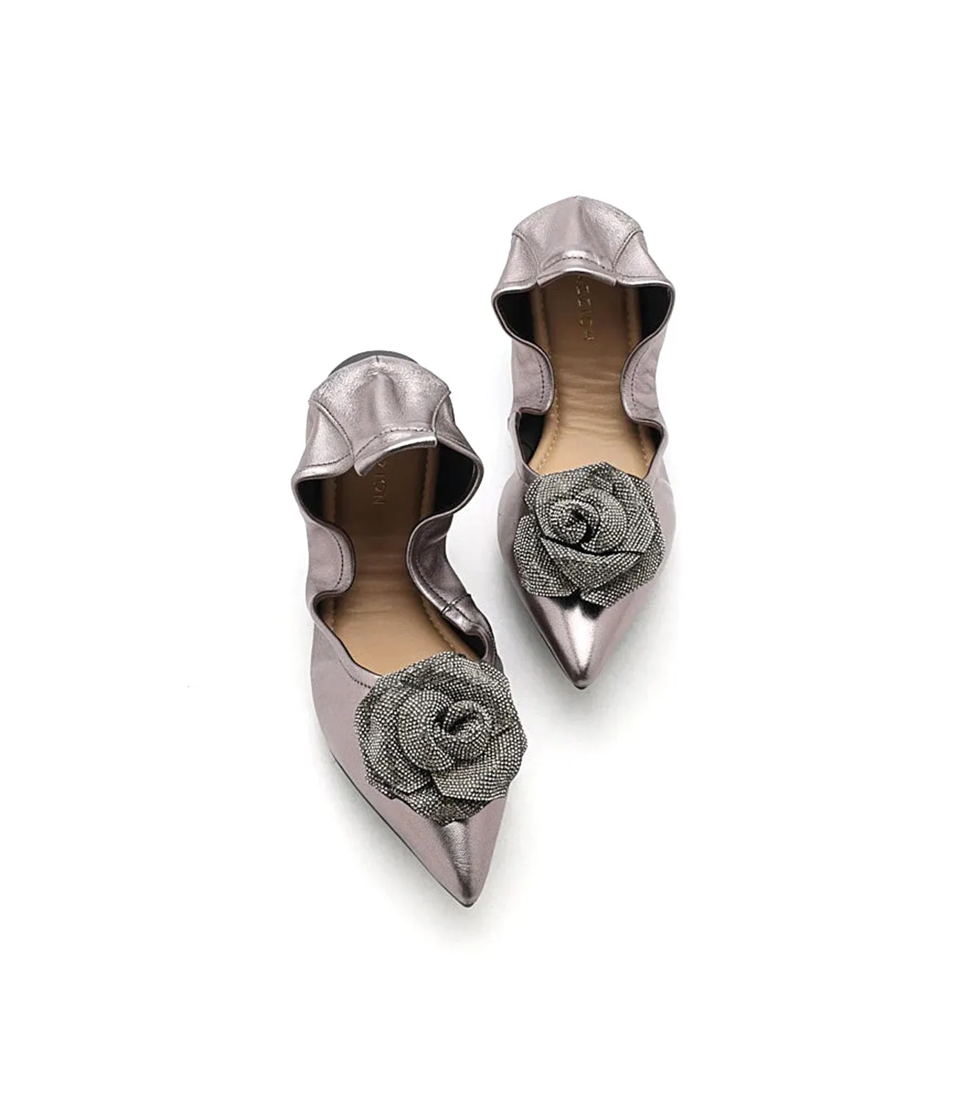 Marianna Crystal Embellished Rose Foldable Flats Pewter