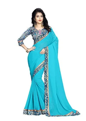 Oomph! Women's Chiffon Sarees Party Wear/Fancy Chiffon Sarees/Printed Chiffon Sarees - Arctic Blue