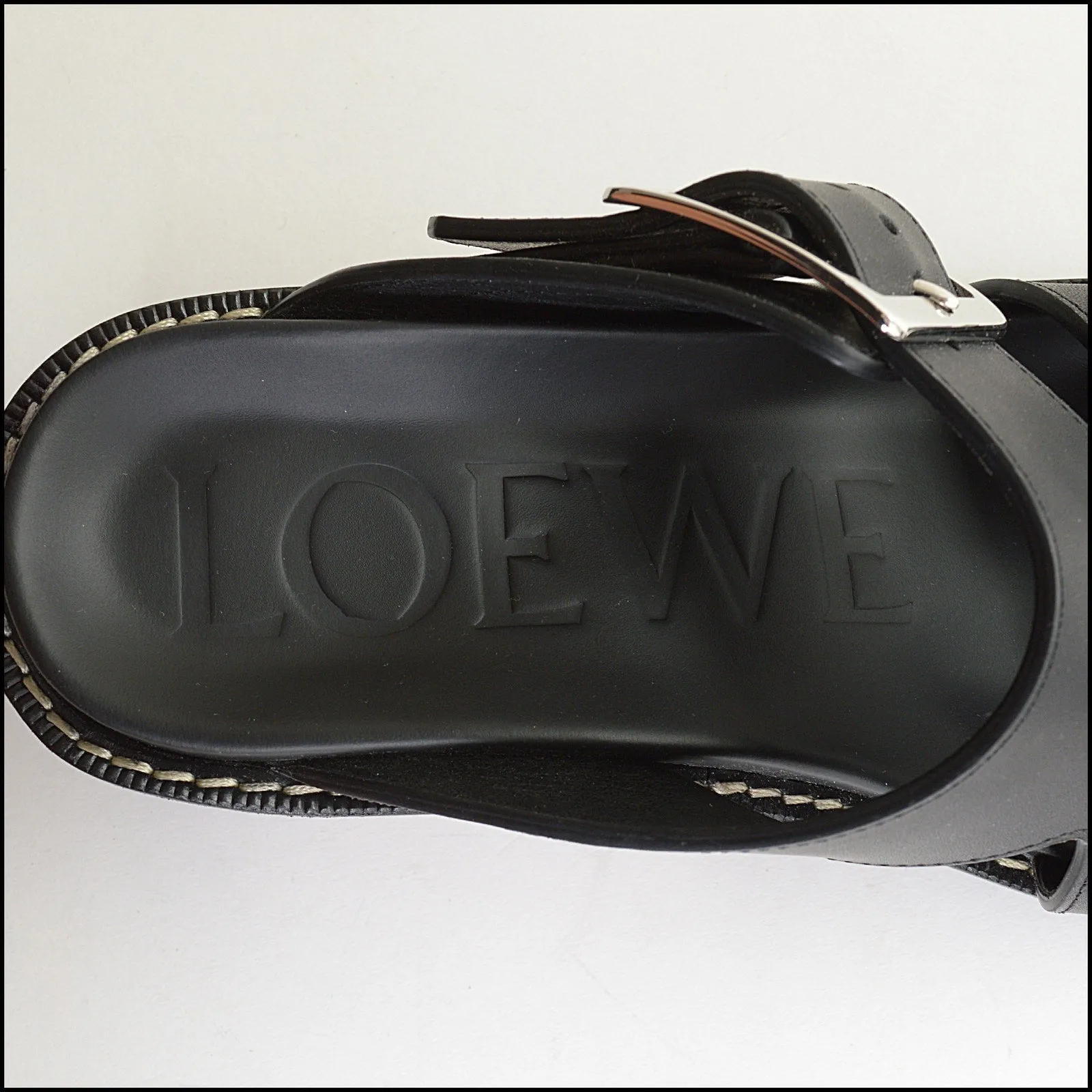 RDC14213 Authentic LOEWE Black Leather Ease Heels Buckle Sandal Size 8.5