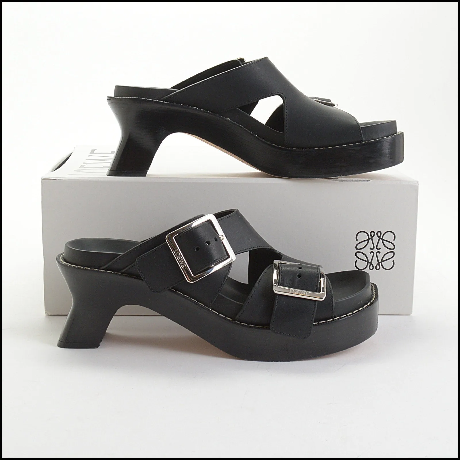 RDC14213 Authentic LOEWE Black Leather Ease Heels Buckle Sandal Size 8.5