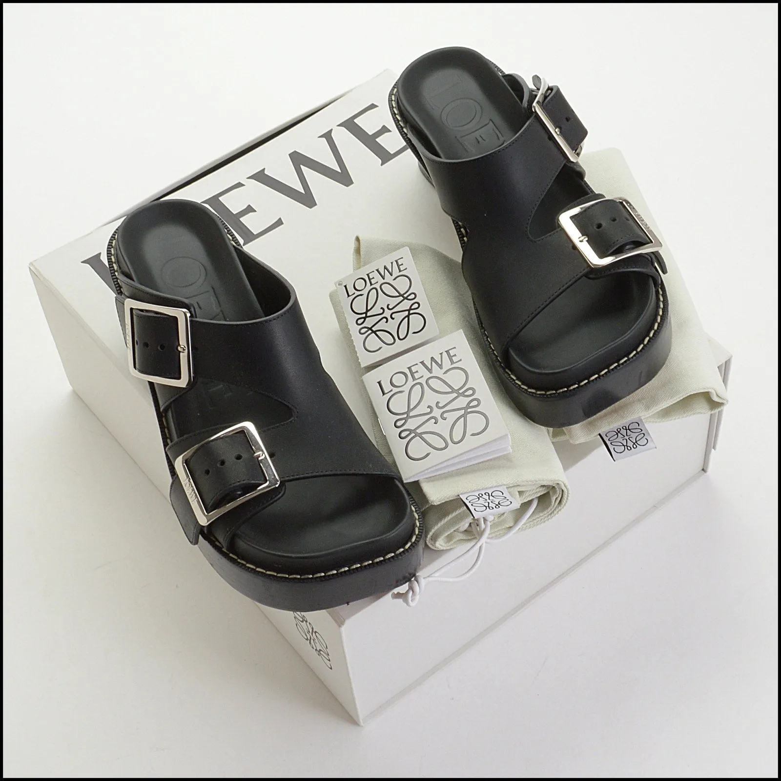 RDC14213 Authentic LOEWE Black Leather Ease Heels Buckle Sandal Size 8.5