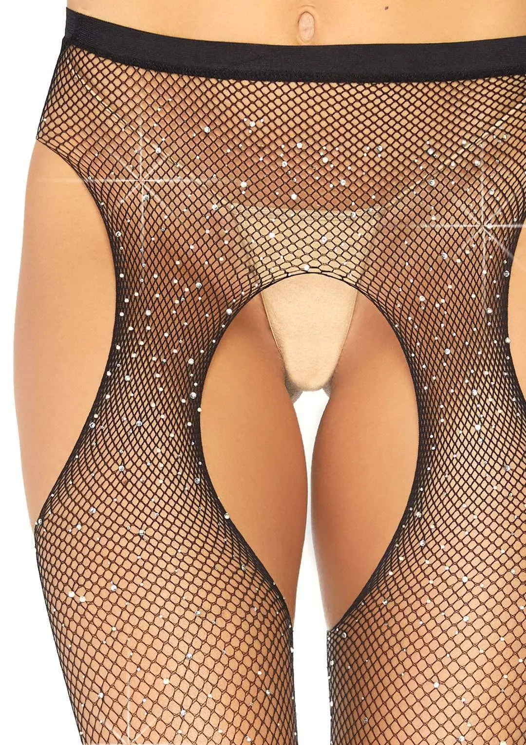 Rhinestone Fishnet Suspender Hose in Black