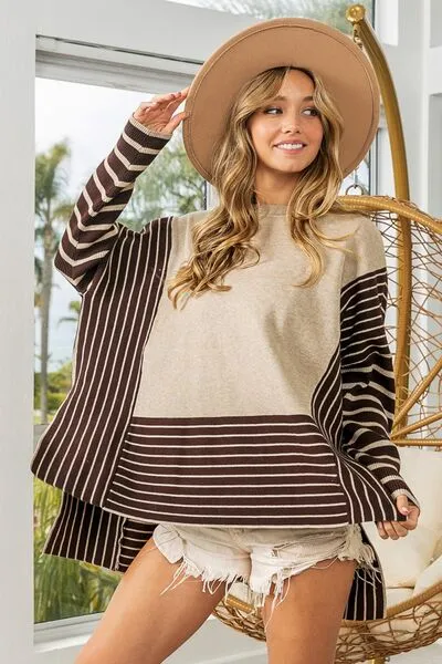 Striped Contrast Long Sleeve Slit Top