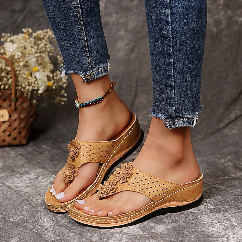 Womens Summer Flower Wedges Heel Casual Bohemian Flip-Flops